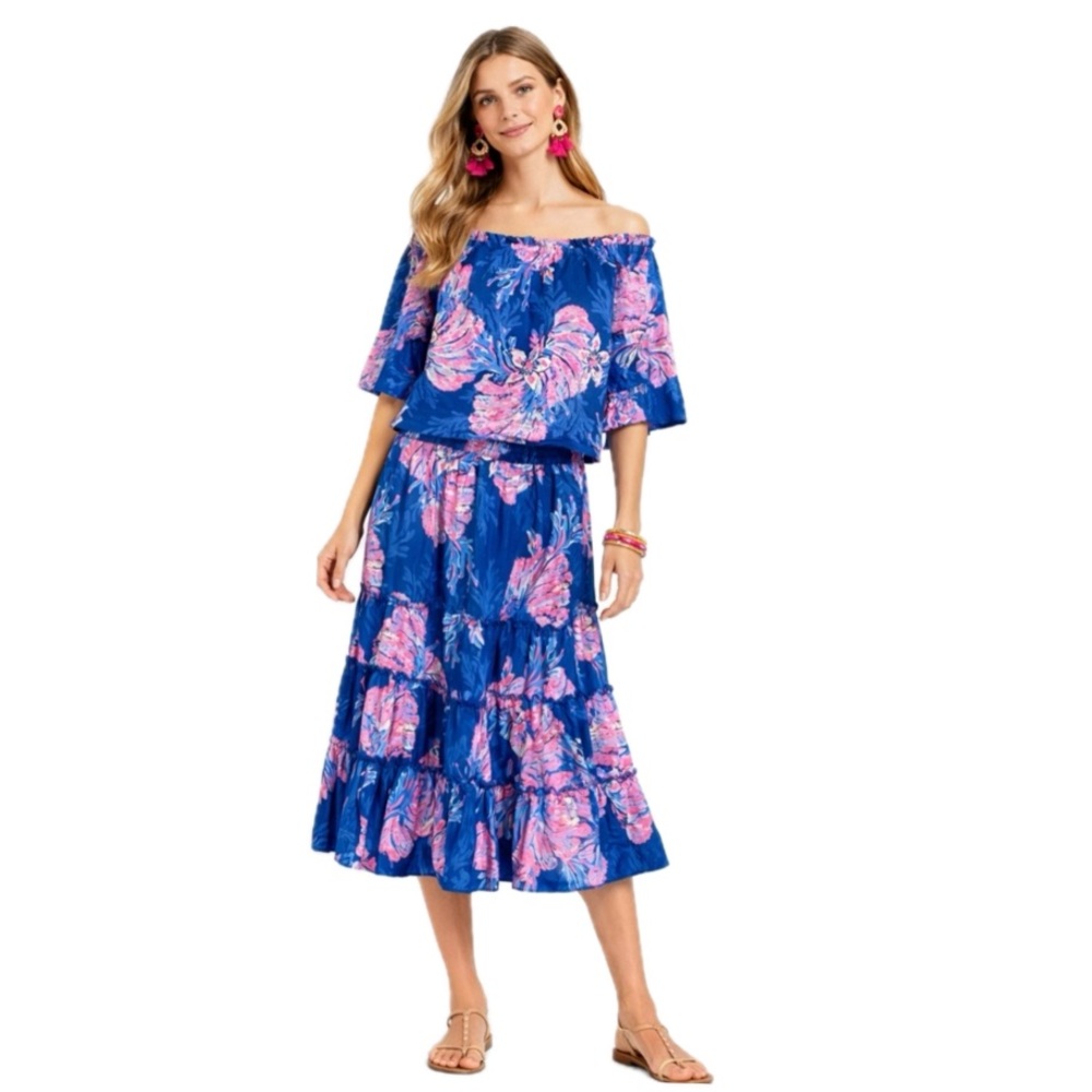 Lilly Pulitzer, 2 Piece Set Croix Top & Deavan Midi Skirt Blue Pink, Size L
